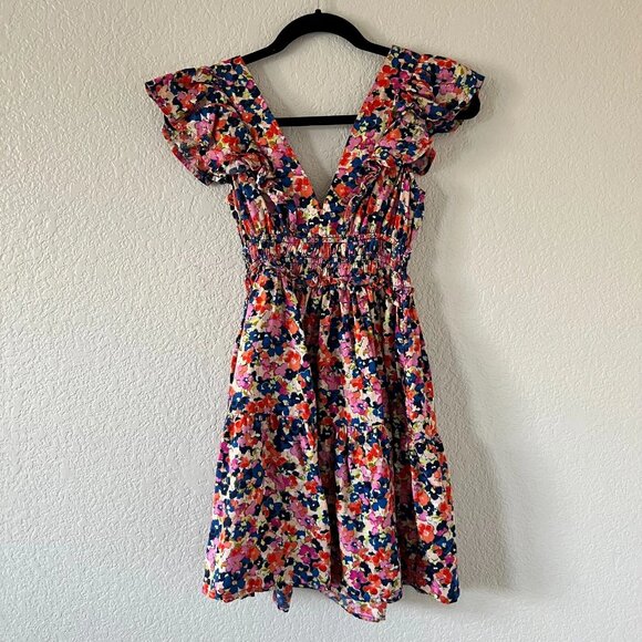 Gap Ruffle Mini Dress Multi Color V-Neck Elastic Waist Womens Xxs - Picture 1 of 9